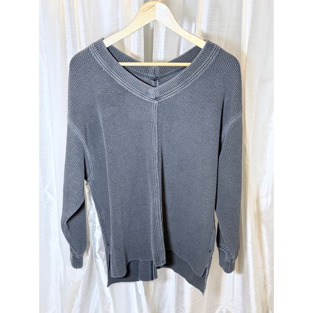 Aerie Waffle Knit Top Womens Small Grey V-Neck Oversized Thermal Seam Detail